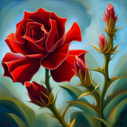 Romanticism, Chiaroscuro, Impressionism, Oil painting, Warm lighting, Nature, Life cycle, Beauty, Fragility, Emotional symbolism, Delicate, Thorns, Red petals, Art Nouveau