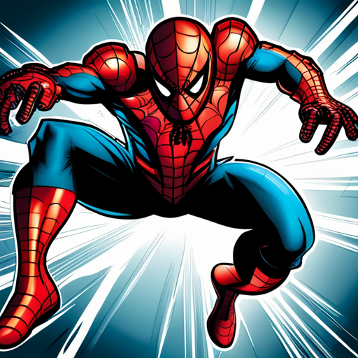 ghostspider, spiderman, superhero, Marvel, comic, illustration, action, dynamic, vibrant colors, web-slinging, arachnid, agility