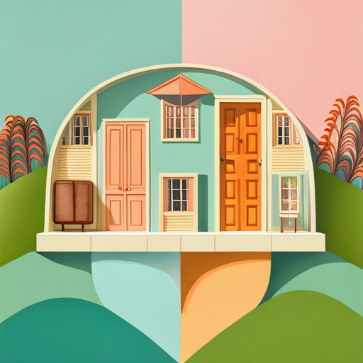 symmetrical composition, pastel colors, vintage wallpaper, typography, quirky characters, whimsical storytelling, tongue-in-cheek humor, 1960s-70s era, retro music, whimsical soundtrack, color symbolism, American mid-western landscape, dollhouse architecture