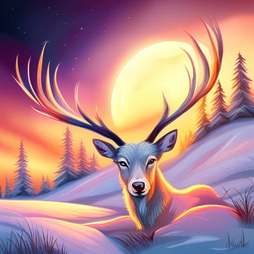 Mythical creature, majestic, folklore, winter, snow, antlers, magical, ethereal, woodland, snowflakes, Northern Lights, fairy tale, whimsical, enchanted forest, dreamlike, mystical, fantasy landscape, nature, wildlife, glowing eyes, shimmering fur, Arctic, frozen, reindeer