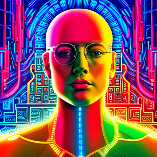 AI programming, singularity matrix, identity, consciousness, vivid colors, abstract shapes, cyberpunk, postmodernism