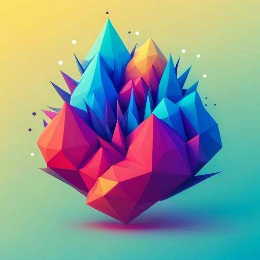 generative art, vector graphics, exploration, low-poly, geometric shapes, interactive design, abstract, vibrant colors, minimalistic, 3D modeling