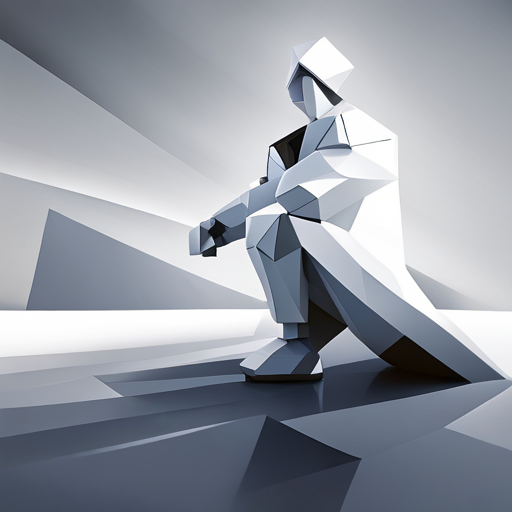 Minimalist geometric robot sculpture, white space and light sources emphasize low-poly texture