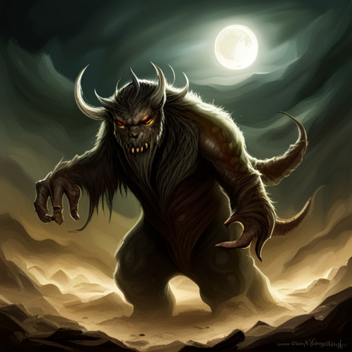 creature, monstrous, horrifying, intimidating, mythical, creature design, dark fantasy, supernatural, mysterious, eerie, mythical beast, menacing, ancient, folklore, legendary, terrifying, legendary creature, nightmare, monstrous beast, grotesque