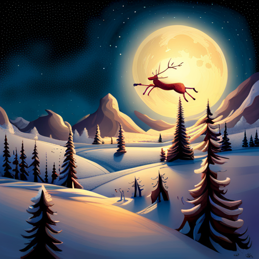 reindeer, Santa Claus, delivering presents, magical, winter wonderland, whimsical, holiday spirit, sleigh, flying, snowy landscape, starry night, festive atmosphere, joyful, celebration, mythical creatures, gift-giving, Christmas, enchanting, fairytale, dreamlike, mystical