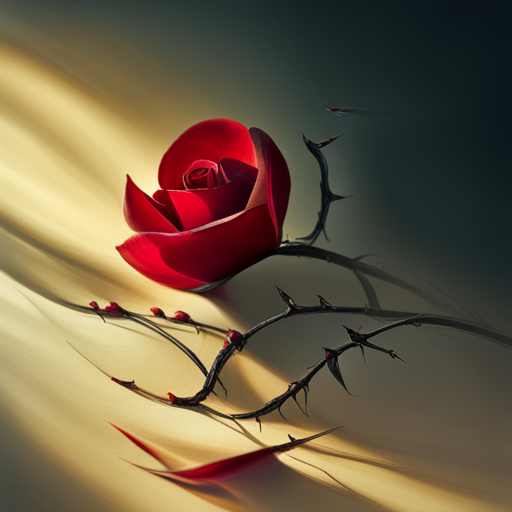 delicate, impressionism, red petals, emotional symbolism, still-life, thorns, fragility, warm lighting, chiaroscuro, life cycle, beauty