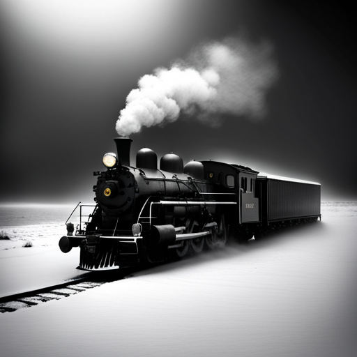 a black and white photograph capturing a steam locomotive in motion, taken during a blizzard, influenced by Kees Maks' figurative oil on canvas paintings, showcasing detailed textures and realistic lighting, exuding a sense of nostalgia and isolation in the snowy landscape