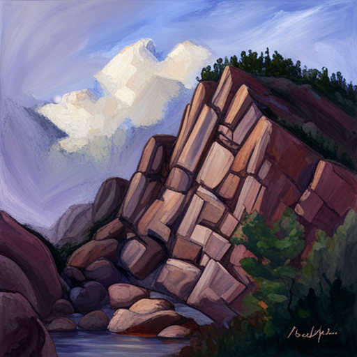 majestic peaks, rugged terrain, atmospheric perspective, muted colors, Impressionism, Hudson River School, light and shadow, texture, acrylic paint, landscape painting, naturalism, serenity, grandeur, scale, plein air, rocky outcroppings, dramatic sky, asymmetry, depth, soft brushstrokes, tranquility, pixel art, atmospheric lighting