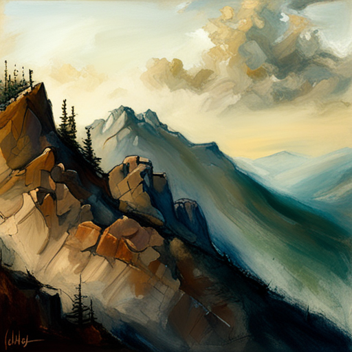 Majestic peaks, rugged terrain, atmospheric perspective, muted colors, Impressionism, Hudson River School, light and shadow, texture, acrylic paint, naturalism, serenity, grandeur, scale, plein air, rocky outcroppings, dramatic sky, asymmetry, depth, soft brushstrokes, tranquility, landscape painting, digital art, mountain ranges, evocative, sweeping lines, high altitude, solitude, sublime, natural world