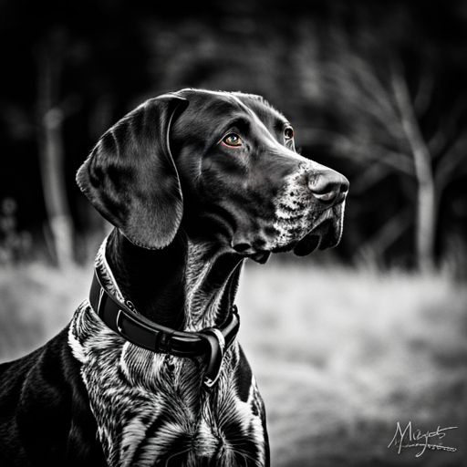German shorthair pointer, hunting dogs, animal portrait, monochrome, high contrast, dark background, intense gaze, rugged texture, black and white photography, natural lighting, hunting instinct, powerful stance, majestic posture, pedigree breeds, outdoor photography, dog training photographic