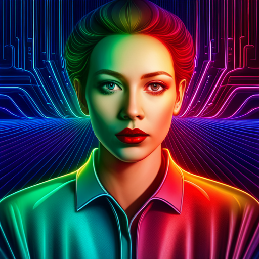 neon lighting, futuristic iconography, geometric shapes, dynamic composition, artificial intelligence, machine learning, neural networks, data visualization, computer-generated imagery, bold colors, sleek surfaces, human-machine interaction, techno-optimism, AI-inspired surrealist art