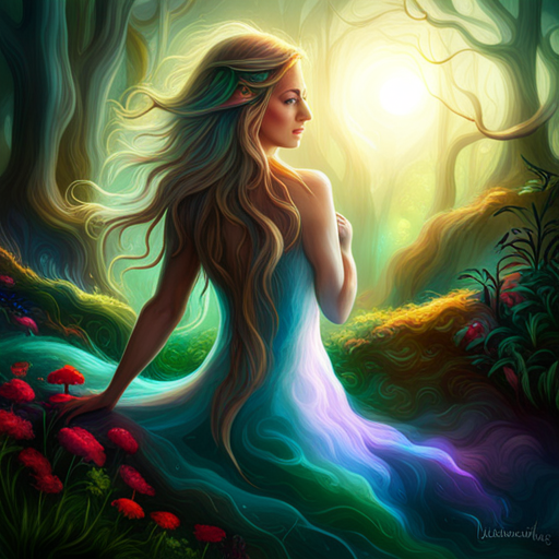 mythical creature, ethereal, flowing hair, glowing skin, mystical setting, dramatic lighting, vibrant colors, dreamlike composition, magical realism, fantasy realm, surreal atmosphere, fantastical elements, enchanted forest, otherworldly beauty, whimsical details, goddess-like figure, fairy-tale inspired, celestial radiance, mystical aura, fantasy escapism