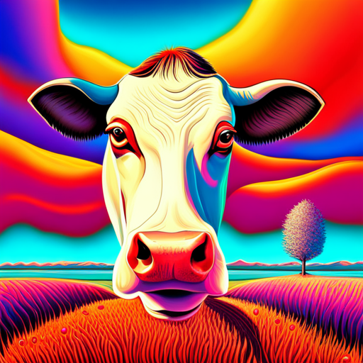 colorful, psychedelic, surreal, black and white, cow, acid trip, pop art, cartoon, mind-bending, contrast, hallucination
