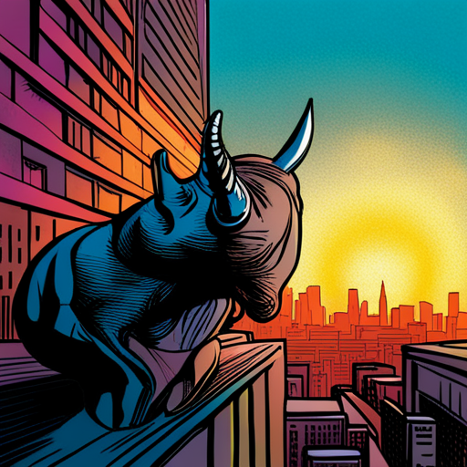 rhino, stealing, bank, heist, action, crime, superhero, dark, shadows, suspense, dynamic, cityscape, dramatic, graphic, bold, ink, vibrant colors, fast-paced, adrenaline, robbery, escape, danger, tension, intense, graphic novel