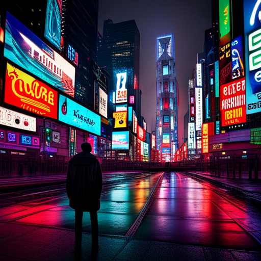 cyberpunk, neon lights, dystopian future, urban sprawl, retro-futurism, street art, cybernetic enhancements, flying vehicles, holographic advertisements, artificial intelligence, underground culture, rebellious youth, Blade Runner vibes