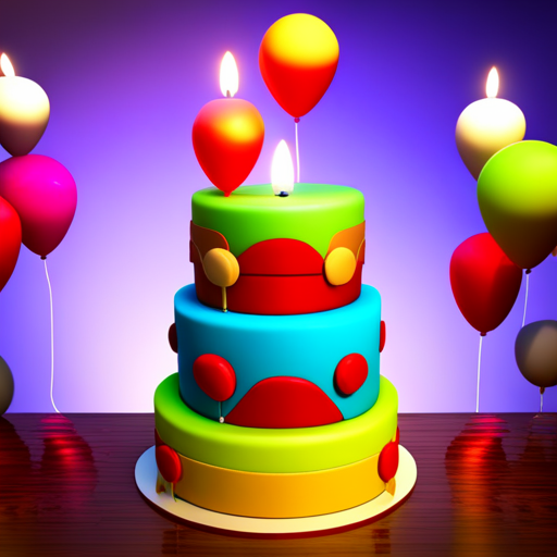 birthday, celebration, 3D, digital sculpture, colorful, balloons, candles, cake, party, festive, joy, happiness