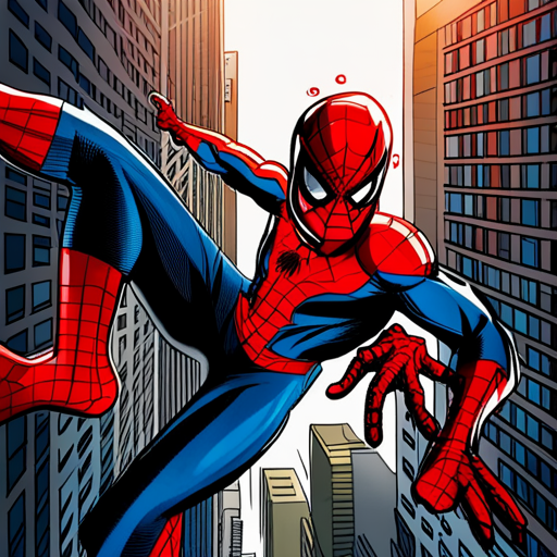 Spiderman, action, superhero, Marvel, web-slinging, New York City, skyscrapers, red and blue, dynamic poses, web shooters, agility, crime-fighting, mask, spandex suit, Peter Parker, web-swinging, high-flying, urban setting