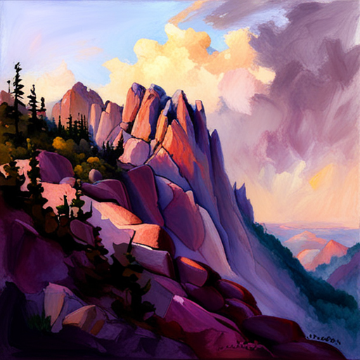 majestic peaks, rugged terrain, atmospheric perspective, muted colors, Impressionism, Hudson River School, light and shadow, texture, acrylic paint, landscape painting, naturalism, serenity, grandeur, scale, plein air, rocky outcroppings, dramatic sky, asymmetry, depth, soft brushstrokes, tranquility, digital medium, layered composition, vibrant color palette