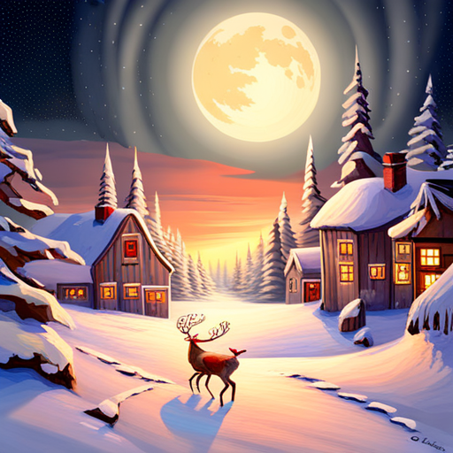 reindeer, santa, delivering presents, winter, holiday, magical, flying, sleigh, chimney, snowy landscape, festive, joy, gift-giving, red-nosed, Rudolph, Santa Claus, jolly, elves, workshop, snowflakes, starry night, Christmas fantasy-art