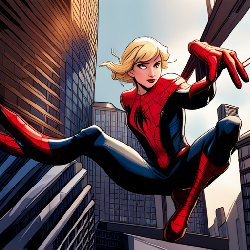 ghostspider, spiderman, superhero, action, Marvel Comics, dynamic, vibrant colors, web-slinging, iconic, New York City, Peter Parker, Gwen Stacy, costume, arachnid, wall-crawling, crime-fighting, urban, adventure, justice, teamwork, famous, Marvel Cinematic Universe, heroic, thrilling, fast-paced, exciting