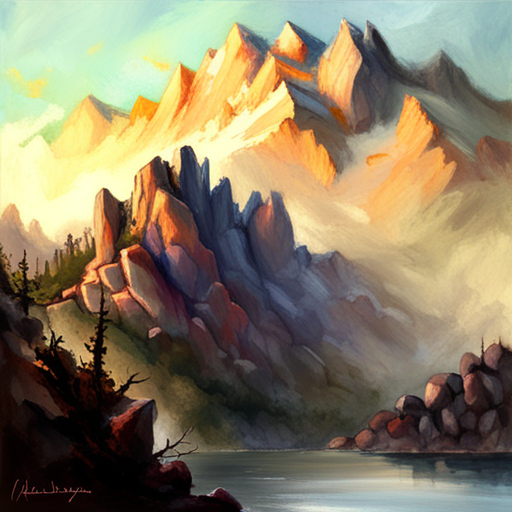 majestic peaks, rugged terrain, atmospheric perspective, muted colors, Impressionism, Hudson River School, light and shadow, texture, acrylic paint, landscape painting, naturalism, serenity, grandeur, scale, plein air, rocky outcroppings, dramatic sky, asymmetry, depth, soft brushstrokes, tranquility, digital painting, pixel art, atmospheric lighting