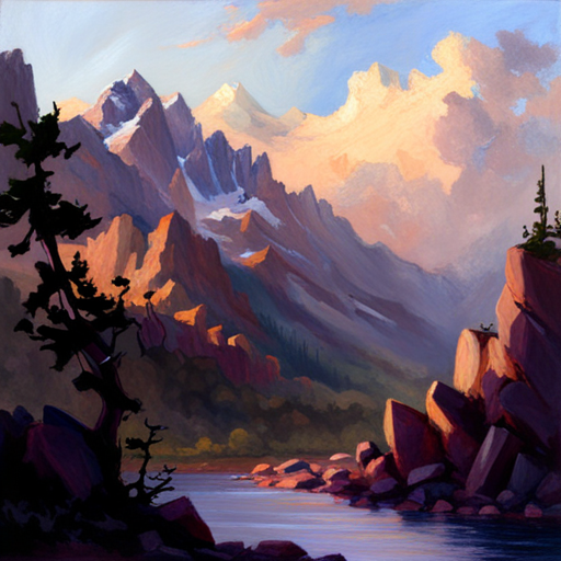 majestic peaks, rugged terrain, atmospheric perspective, muted colors, Impressionism, Hudson River School, light and shadow, texture, acrylic paint, naturalism, serenity, grandeur, scale, plein air, rocky outcroppings, dramatic sky, asymmetry, depth, soft brushstrokes, tranquility, landscape-painting, pixel art, atmospheric lighting