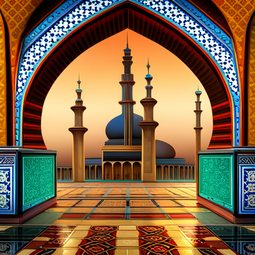 mosques, digital clock, architecture, Islamic art, geometric patterns, symmetry, minarets, dome, calligraphy, religious symbolism, cultural influence, timekeeping, digital display