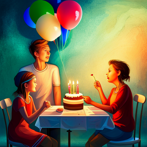 birthday celebration, colorful balloons, vibrant cake, nostalgic memories, joyful friends, surprise presents, family laughter, happiness, fun, artistic composition, whimsical lighting, dynamic colors, textures, digital medium, emotional mood, cultural influences, festive scale, geometric shapes, symbolic candles