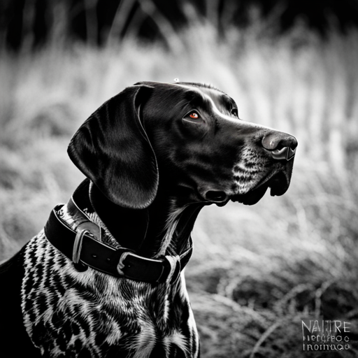 German shorthair pointer, hunting dogs, animal portrait, monochrome, high contrast, intense gaze, rugged texture, natural lighting, powerful stance, majestic posture, pedigree breeds, outdoor photography, dog training, nature, animal behavior, point, prey drive, breeds, wild game, bird hunting, scent, tracking, camouflaged, agility, trained, field trial, energetic, athletic, muscular, intelligence, sporting dogs, gundogs, pointers, hunting equipment, hunting techniques, hunting gear, hunting scenery, stamina, speed, posing, natural reserve, golden hour light, composition, rule of thirds, movement, defocused background, green tones, yellow tones, deep brown coat, fur texture, high level of detail