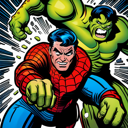 hulk, spiderman, superheroes, Marvel, action, dynamic, vibrant colors, bold lines, intense, powerful, strength, conflict, heroism, comic book art, Stan Lee, Jack Kirby, Pop Art, Golden Age, Silver Age, primary colors, motion lines, energy, ink, pen and ink, graphic storytelling, panel layout, superhero battles, iconic poses, splash pages, word balloons, sound effects, exaggerated perspectives, hidden messages, moral dilemmas, social commentary, larger-than-life characters, dynamic composition, high contrast, halftone dots, dynamic movement, artistic influences, iconic imagery