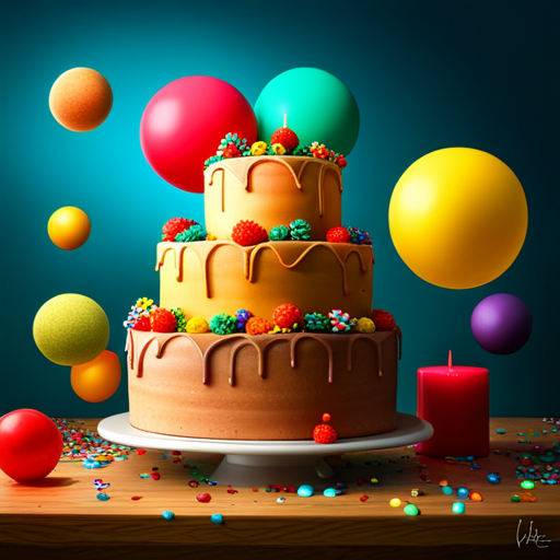 birthday, celebration, party, three-dimensional, sculptural, colorful, playful, interactive, immersive, realistic, joyful, cake, candles, balloons, confetti, gifts, presents, decorations, textures, lighting, composition, vibrant colors, fantasy, surrealism, whimsical, magical