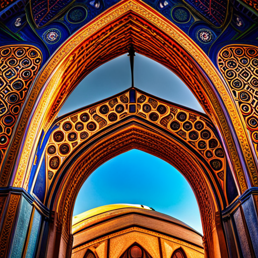 mesmerizing mosques, architectural details, minarets, domes, geometric patterns, vibrant colors, picturesque background, digital clock integration