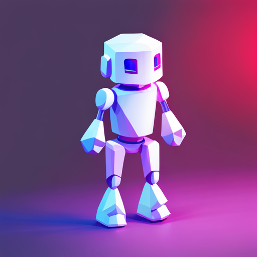 an isometric perspective of a plastic bot with geometric shapes, rendered using the low-poly technique and featuring vibrant colors as an app mascot