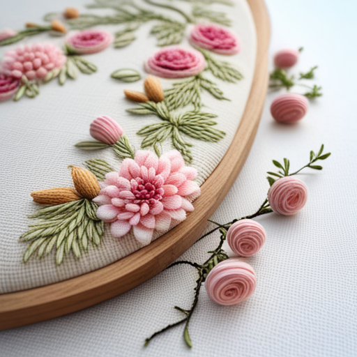 soft pastels, delicate flowers, intricate stitching, embroidery, textile art, vintage, feminine, handcrafted, floral motifs, decorative, dainty, needlework, fabric, thread, needle, needlepoint, tapestry, sewing, craftmanship, stitchery