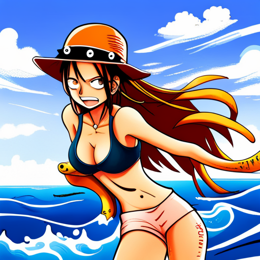 Nami, One Piece, manga, pirate, adventure, vibrant colors, dynamic composition, action, water, waves, treasure, navigator, confident, determined, flowing hair, strong female character, anime, manga art style, Japanese influence