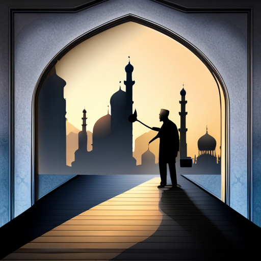 symbolic, masjid, rounded border, border shadow, clock, time, 04:10, caption, 7 minutes walking distance, location, photographic