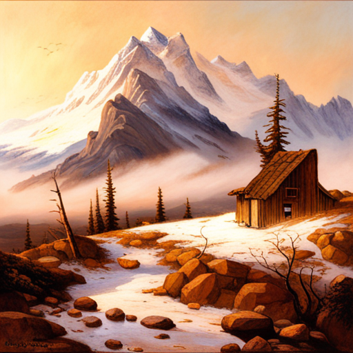sublime landscapes, romanticism, Caspar David Friedrich, majestic peaks, natural beauty, peaceful solitude, earthy browns, snowcapped tips, tranquil blue skies, wooden cabin, rustic charm
