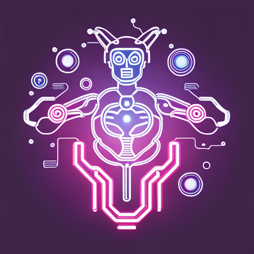 Abstract, vector graphics, robot, goat, cybernetic, neon colors, futuristic, geometric shapes, machine parts, angular, sharp lines, glowing, circuit, wires, 3D rendering, synthetic, mechanical, cyberpunk, technology, hybrid, biomechanical