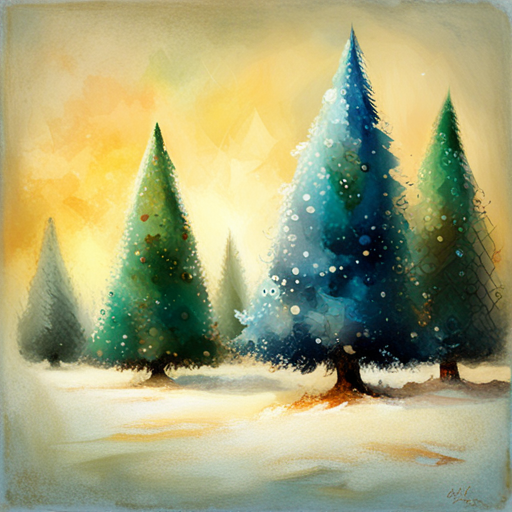 four Christmas tree, white background textured, oil vintage