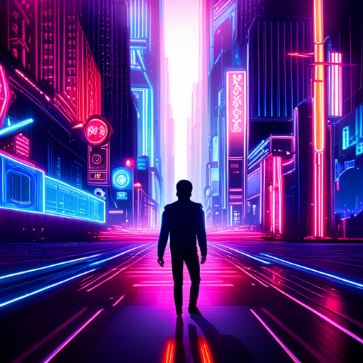 endless virtual neon arcade, retro-futuristic circuitry, vibrant and electric sparks, generative animated game worlds, glitchy pixelated landscapes, cyberpunk characters exploring new realms, neon lights reflecting off reflective surfaces, dynamic movement and energy, dystopian neon cityscapes, pulsating digital dreams