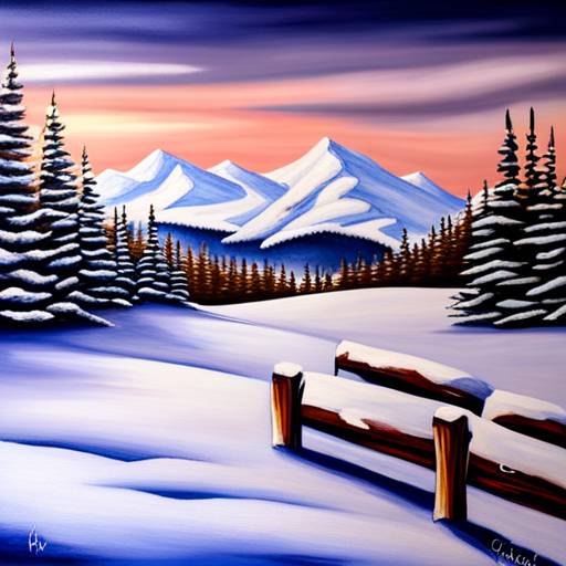 majestic mountains, snowy peaks, serene landscape, cozy cabin, winter wonderland, realistic snow, peaceful scenery, quiet solitude, linear perspective, warm lighting, subtle shadows, cool tones, natural textures, acrylic paint, oil painting, peaceful respite, mountain lodge, inviting ambiance, rustic charm, snow-covered trees, pristine nature, tranquil atmosphere, calming vista, breathtaking view