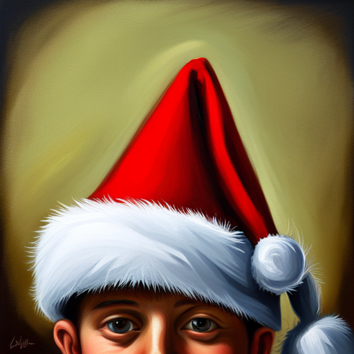 santa hat, brown background, oil painting, Brian Despain, behance contest winner, tonalism, hyper realism, speedpainting, complex lighting, realistic composition, warm colors, brushstroke texture, canvas medium, tonal contrast, detailed subject, festive mood, close-up perspective, static movement, traditional influences, small scale, thick paint layers, rectangular framing, organic shapes, symbolic representation, negative space, late 21st century