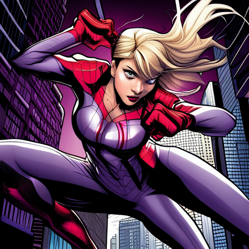Gwen Stacy, Ghost Spider, Marvel, Spider-Verse, superhero, comic book, inked illustration, vibrant colors, dynamic composition, action-packed, web-slinging, crime-fighting, urban setting, graffiti, street art, dramatic lighting, aerial perspective, acrobatic poses, masked vigilante, parallel dimensions, alternate universes, teenage protagonist, coming-of-age story, emotional journey, secret identity, iconic costume, webbed patterns, intense moments, powerful emotions, high energy, sequential art, panel layout, dramatic angles, expressive linework, capturing motion