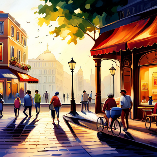 early-morning light, peaceful scenery, vibrant colors, urban landscapes, city streets, architectural elements, shadows and highlights, serenity, daily routines, sunlight filtering through trees, quaint cafes, bustling restaurants, people walking, evening ambiance, streetlights, cityscape, charming buildings
