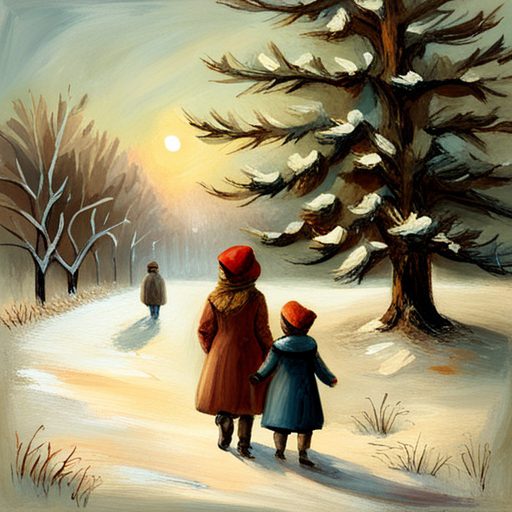 vintage, oil painting, classical, impressionism, muted colors, textured brushstrokes, 19th century, romanticism, traditional, natural lighting, landscape, nostalgia, delicate, thick paint, expressive, European, atmospheric, serene, rustic, aged, soft edges, Winter Children under a Christmas Tree Painting, classic