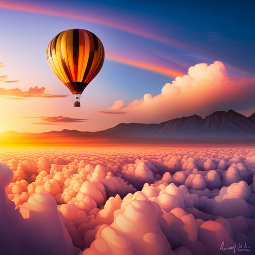 surreal, dreamlike, vibrant, whimsical, adventurous, Jules Verne, steampunk, golden hour lighting, surreal colors, floating, majestic, airy, fantasy landscape, towering mountains, endless skies, oversized hot air balloon, fantastical creatures, wonderous journey, magical realism, unreal skies, ethereal glow