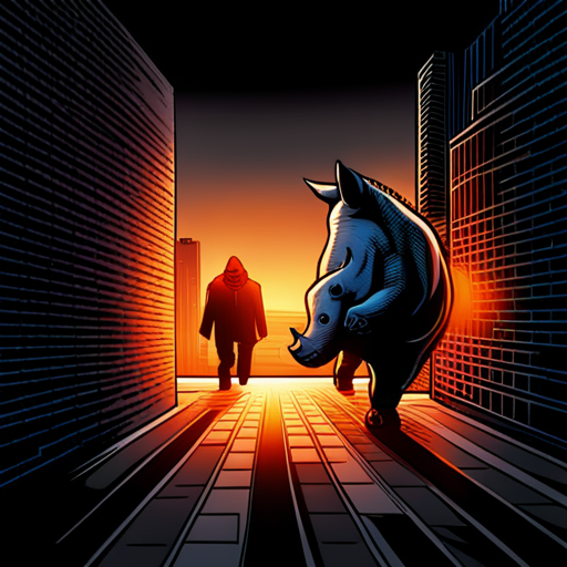 rhino, stealing, bank, action, adventure, heist, wildlife, superhero, graphic novel, dynamic, bold, vibrant, sequential art, bold lines, intense, dramatic lighting, high contrast, shadows, perspective, movement, suspense, thrilling, fast-paced, high-stakes, tension, escape, underground, cityscape, money, vault, security, criminal, police, cunning, stealth, daring, disguise, getaway car, thrilling chase, suspenseful, danger, exotic animals, extraordinary, larger-than-life, urban landscape