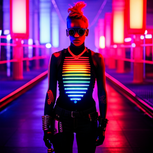 cyberpunk, neon lights, futuristic, LGBTQ+, identity, rebellion, self-expression, cybernetics, electronic music, glowing tattoos, underground culture