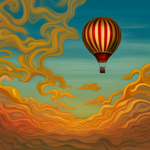 Jules Verne, steampunk, 1800s, golden hour lighting, vast expanse, surreal colors, floating, majestic, airy, fantasy landscape, towering mountains, endless skies, whimsical clouds, oversized hot air balloon, intricate patterns, fantastical creatures, wondrous journey, magical realism, unreal skies, ethereal glow