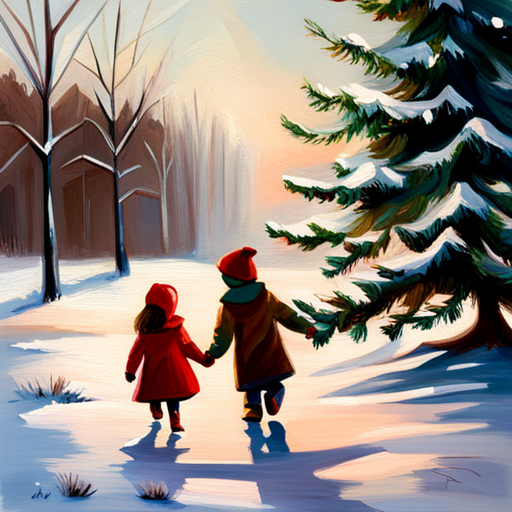 Winter, Children, Christmas Tree, Painting, Vintage, Oil on Canvas, Fine Art, Impressionism, Snow, Joy, Nostalgia, Traditional, Warm Colors, Brushstrokes, Soft Lighting, Delicate, Timeless, Holiday Spirit